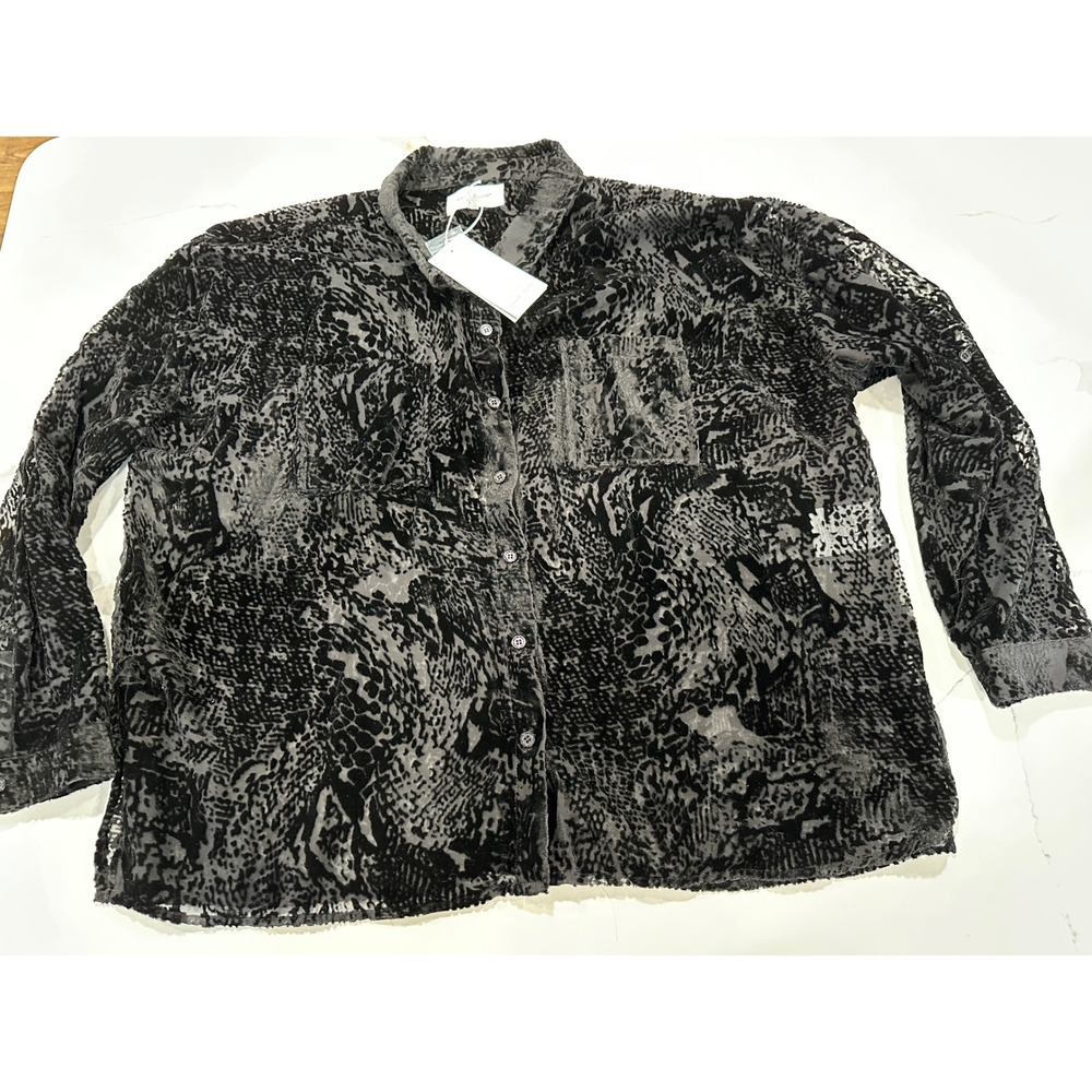 Dear John Burnout Velvet Animal Print Button Down Shirt Black DSH1083V2SPJ L